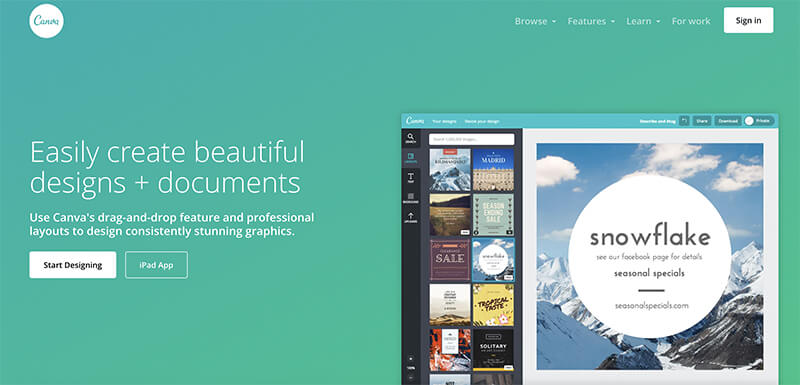 Canva (Homepage Screenshot) Tool for Creating Beautiful Blog Designs