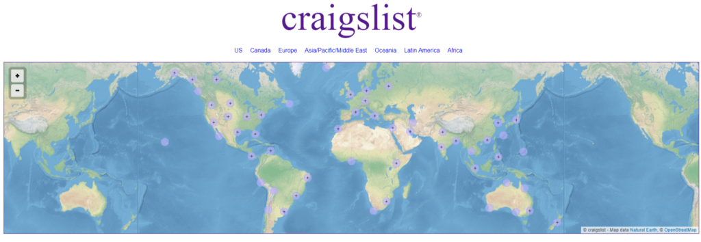 Capture d'écran de la page d'accueil de Craigslist (pour trouver des emplois)