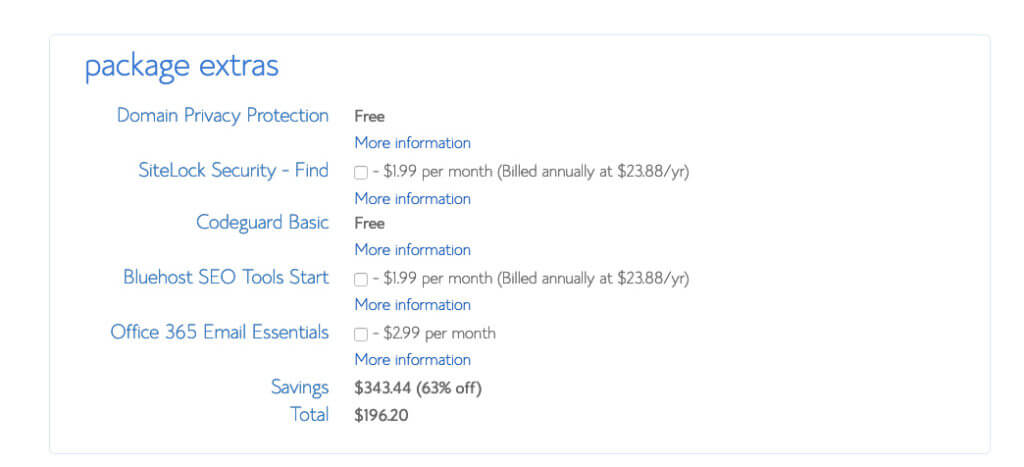Choose the Right Package Extras with Hosting with Bluehost