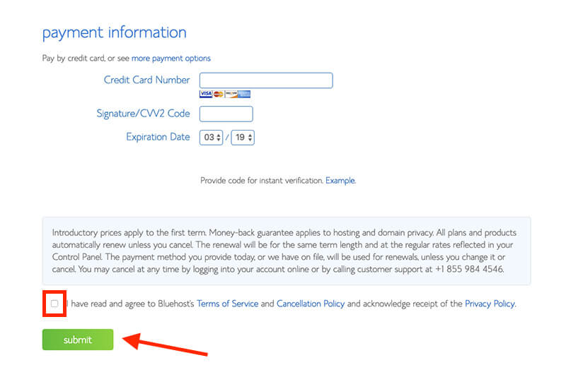 Étape finale des informations de facturation sur Bluehost (Capture d'écran des informations de paiement) Exemple