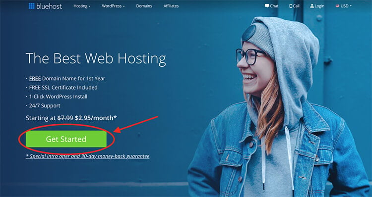 Hébergement Web Bluehost (capture d'écran de la page d'accueil) pour choisir un nom et apprendre à créer un blog