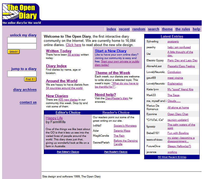 Open Diary Homepage im Jahr 1998 Geschichte des Bloggens