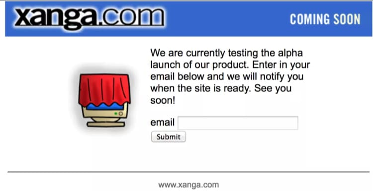 Xanga Coming Soon Screenshot in der Geschichte des Bloggens: