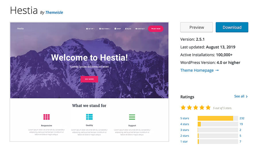 Captura de tela do tema Hestia WordPress da página inicial