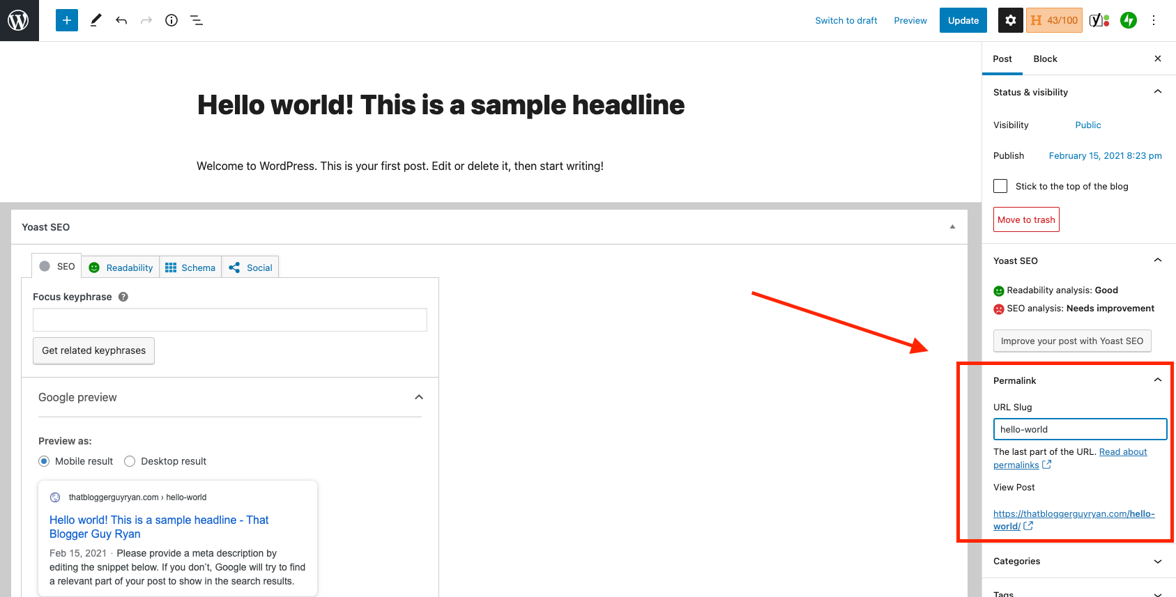 How to Change a Permalink in WordPress (Gutenberg Editor Screenshot)