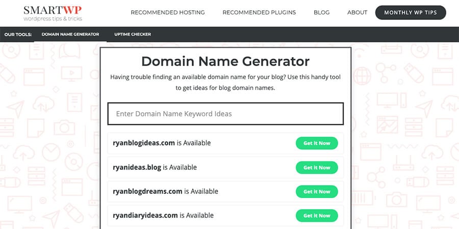 Domain Name Generator da SmartWP per trovare idee per i nomi di dominio
