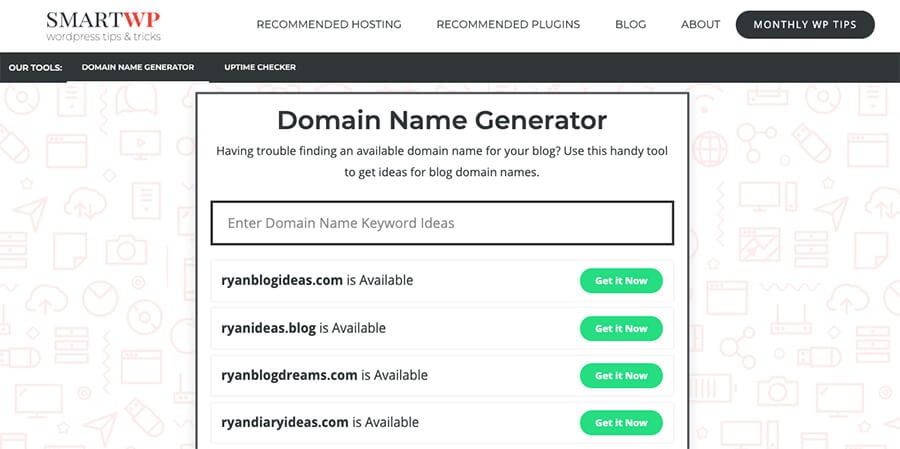 Gerador de nomes de domínio da SmartWP para encontrar ideias de nomes de domínio