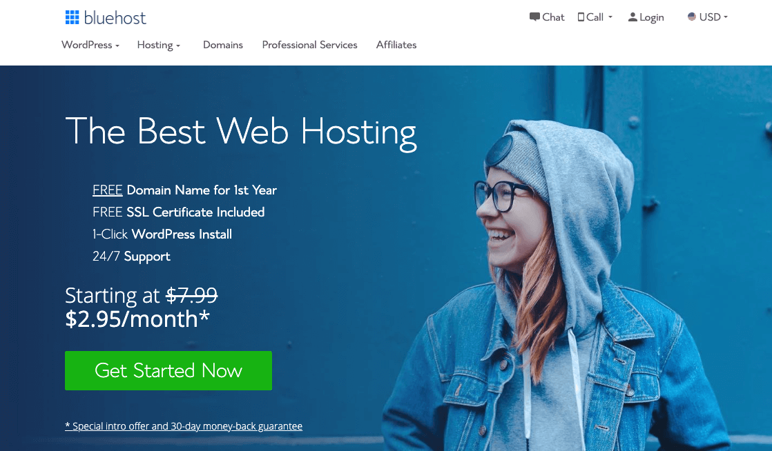 Ảnh chụp màn hình trang chủ Bluehost cho các gói Hosting giá rẻ với dịch vụ khách hàng tuyệt vời