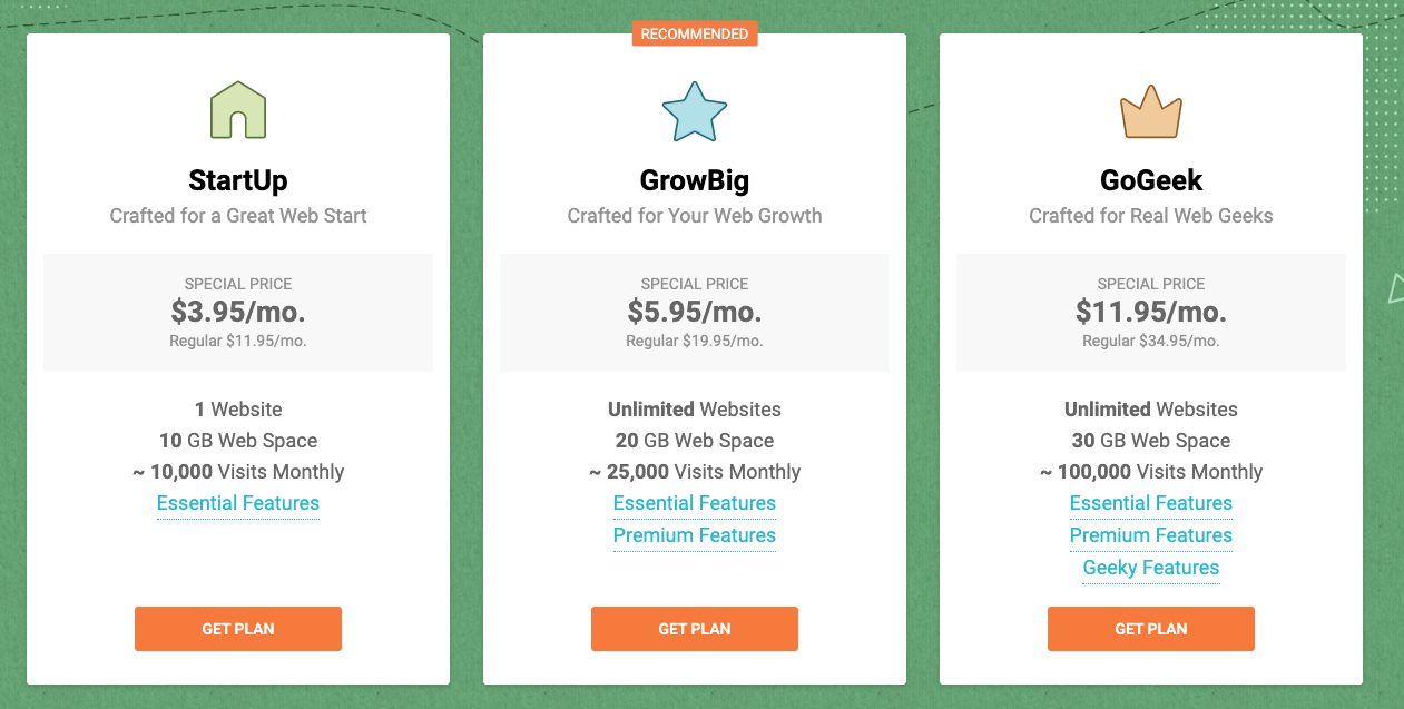 Tabela de preços SiteGround e comparação de planos