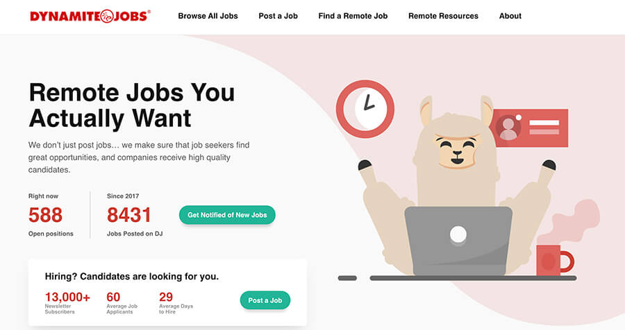 Dynamite Jobs Homepage Screenshot (Remote Jobs Listings)