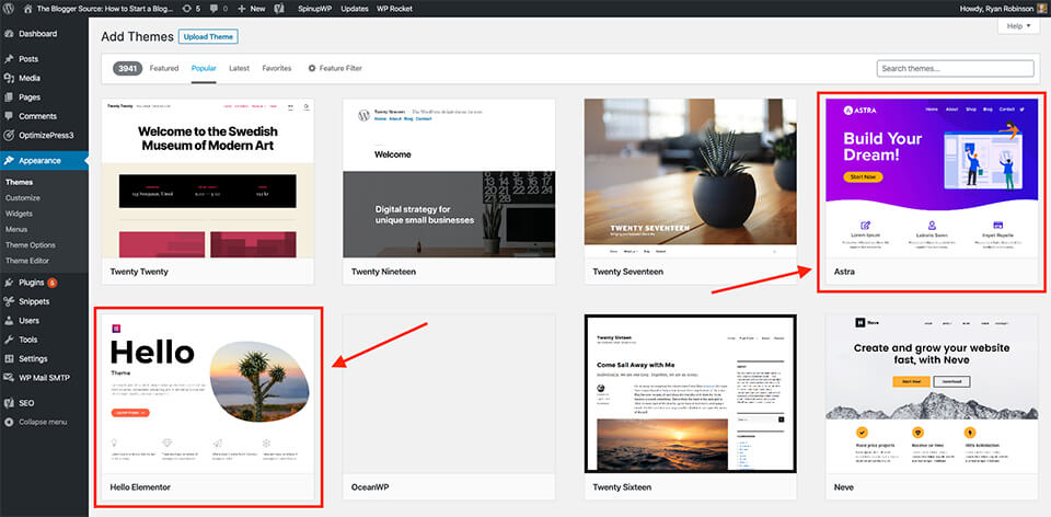 How to Choose a WordPress Theme for Your New Blog (Screenshot of Astra and Hello Theme)