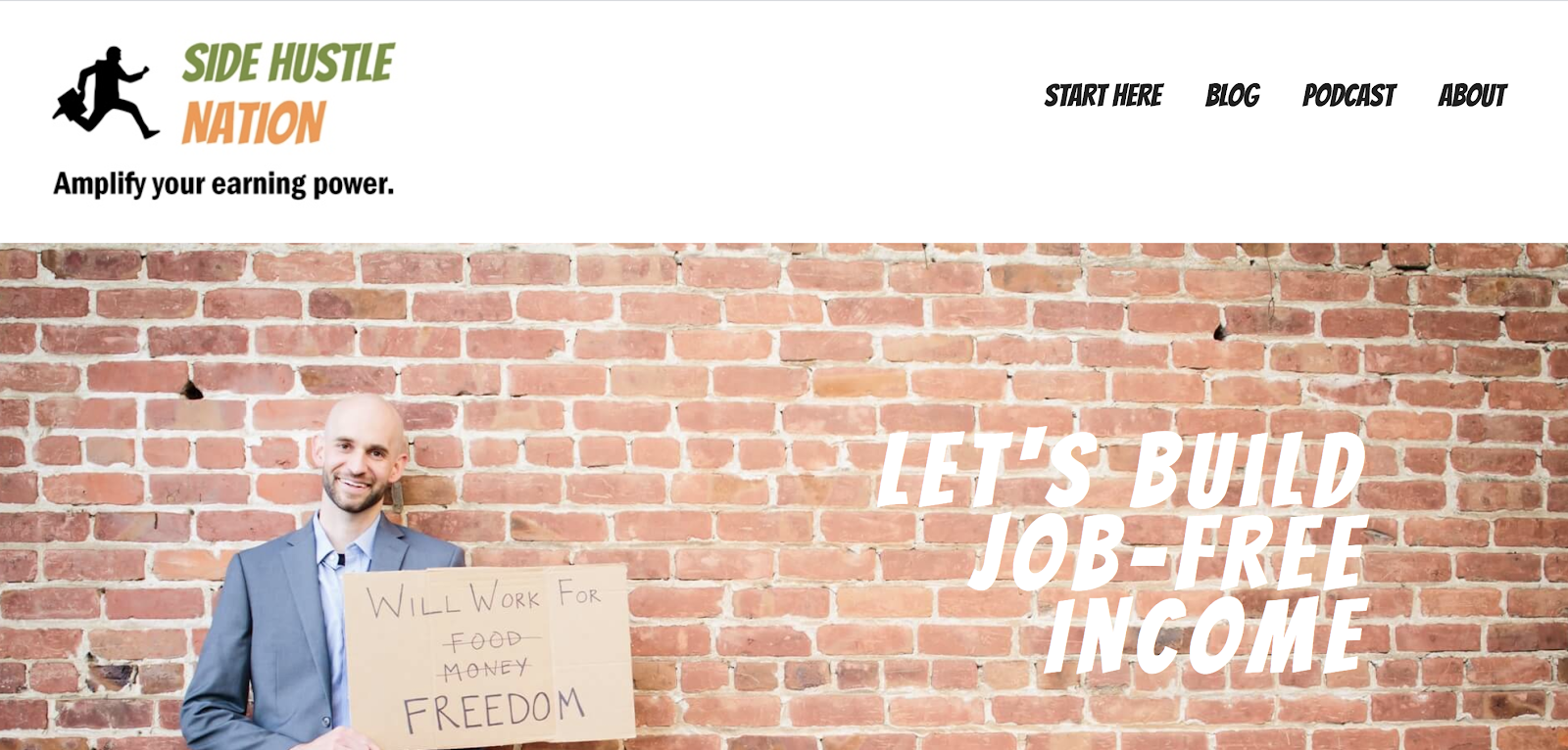 Schermata della homepage di Side Hustle Nation ed esempio di blog di nicchia