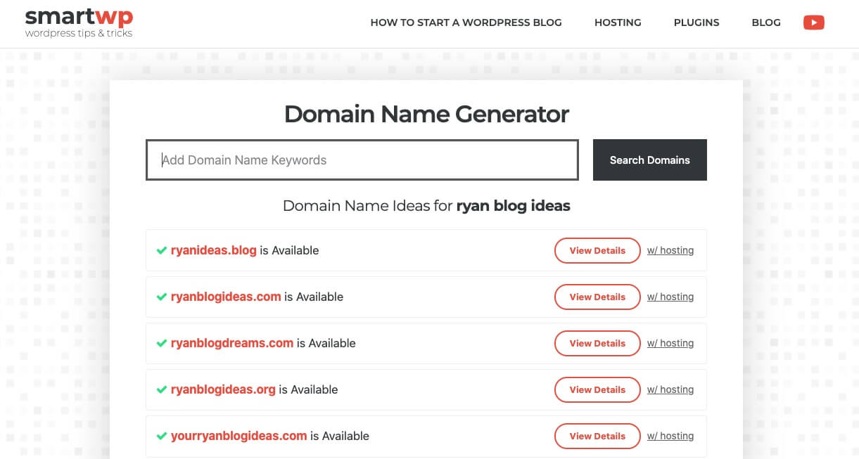 Search Results on SmartWP Domain Name Generator (Screenshot) Example