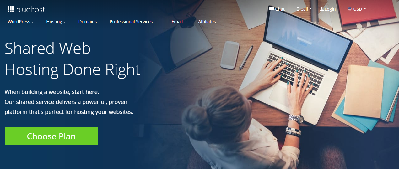 Bluehost Pricing Plan Breakdown and Homepage Screenshot