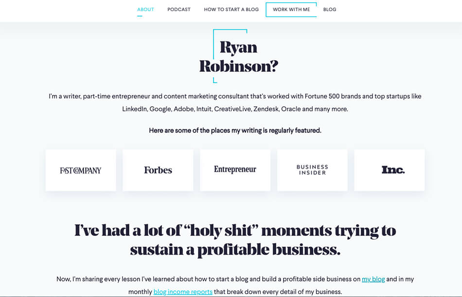 How to Write an About Me Page for Your Blog (Example Screenshot) from Ryan Robinson's Blog