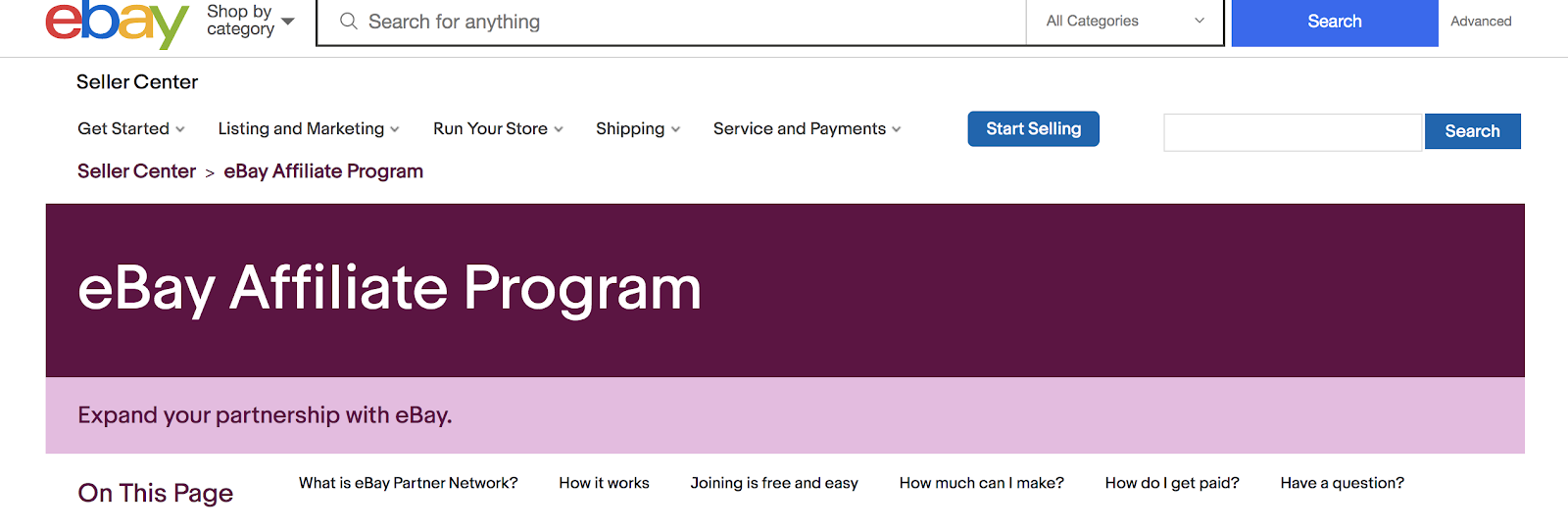 Página de inicio del programa de afiliados de eBay (captura de pantalla)