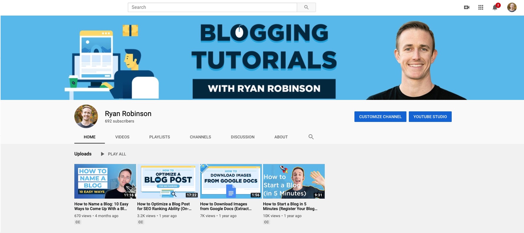 Using YouTube to Promote Your Blog (Screenshot of Ryan Robinson Blog YouTube Channel)