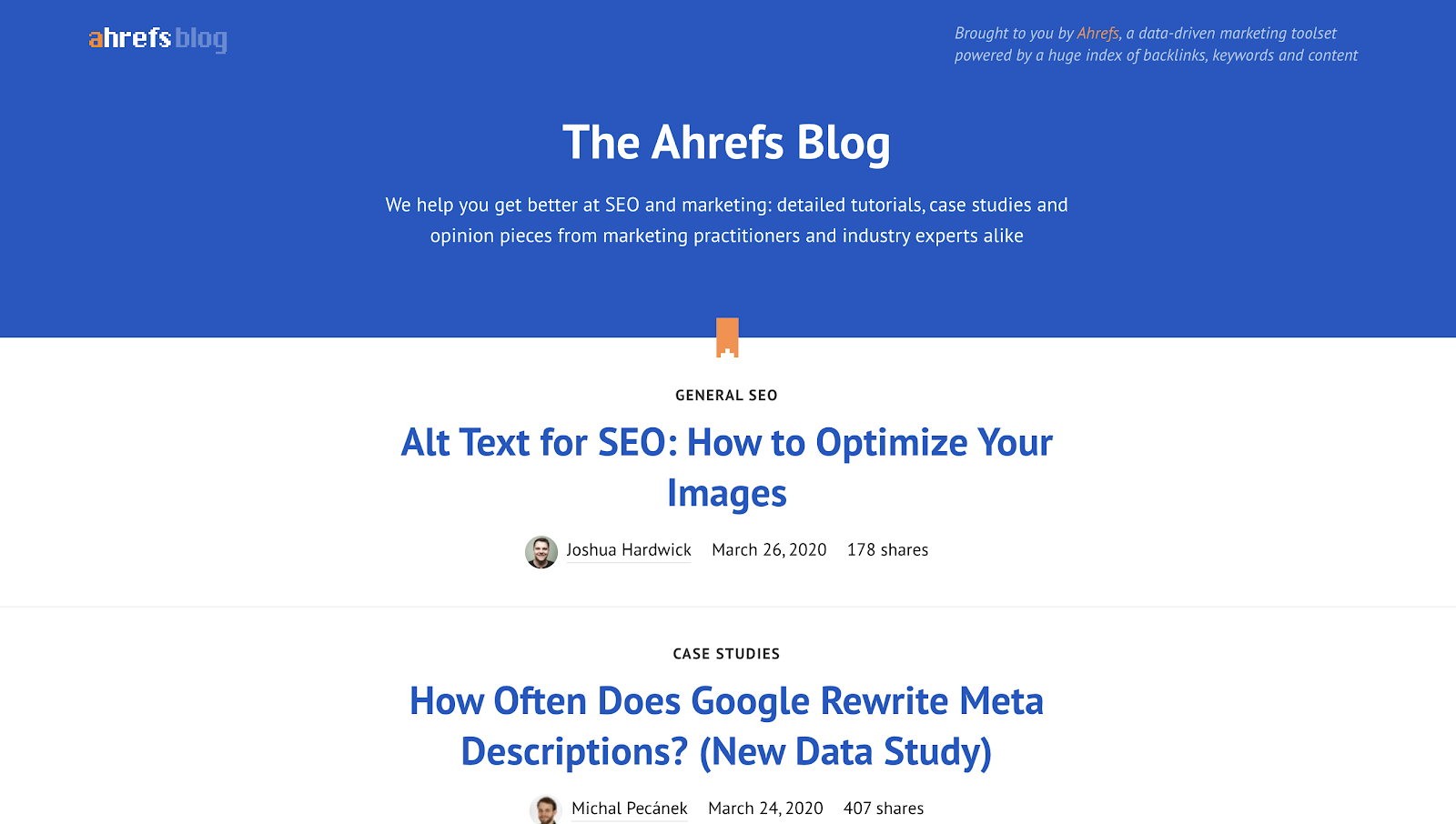 The Ahrefs Blog Homepage (for Posts) and Example - Screenshot
