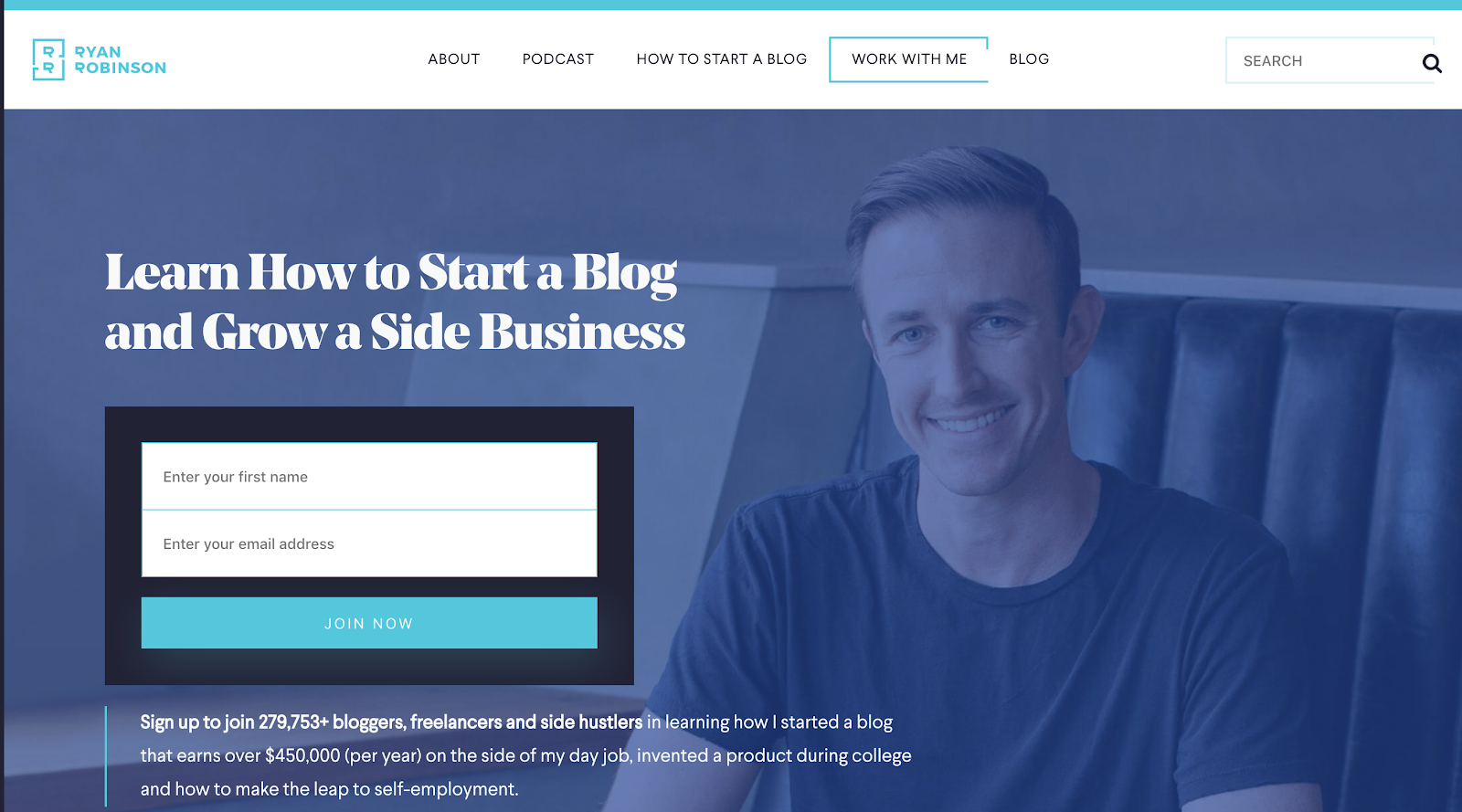 Ryan Robinson Blog Homepage (Colors for Branding) Example and Screenshot
