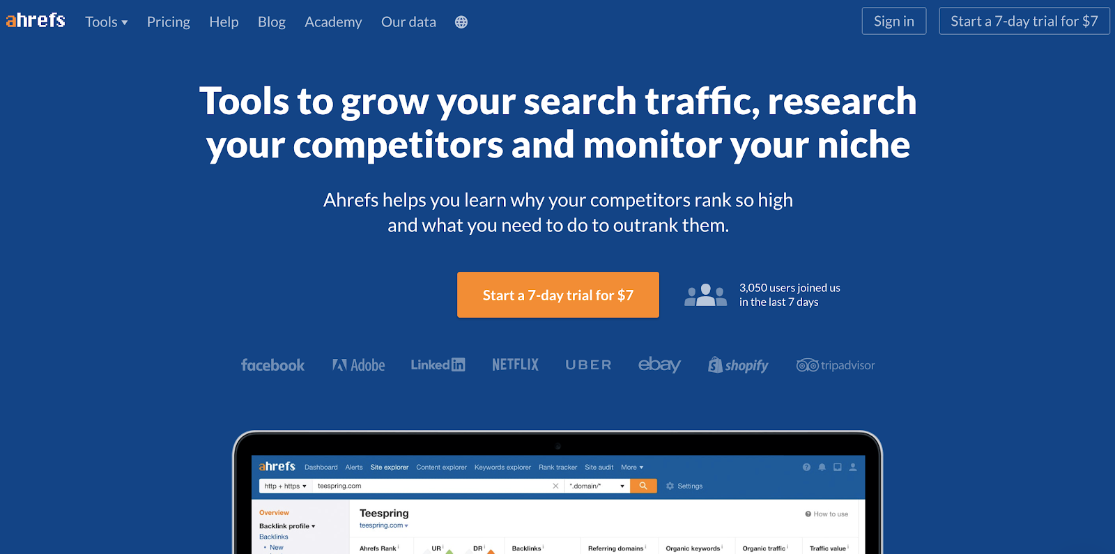 Ahrefs Homepage Screenshot (Blog Layout Examples)