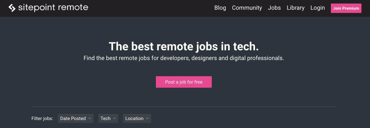 SitePoint Remote Jobs Board (Capture d'écran de la page d'accueil)