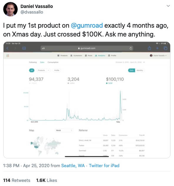 Daniel Vassallo Tweet Screenshot of How He Wrote an eBook and Sold $100,000 in Revenue