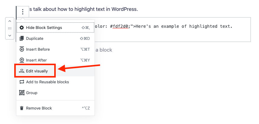 Edit Visually (Screenshot) in Gutenberg