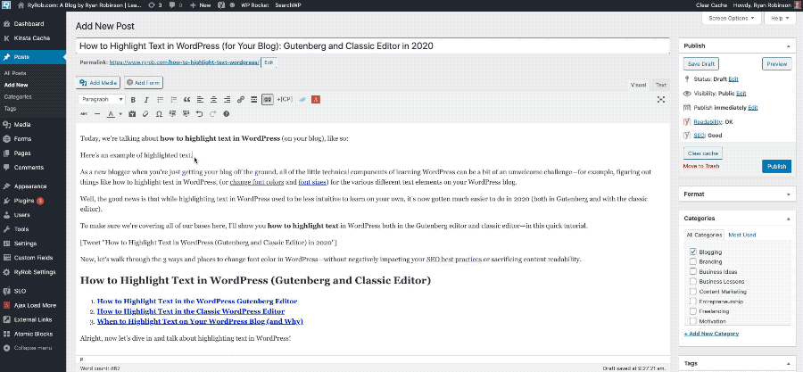 How to Highlight Text in WordPress (Classic Editor) GIF Tutorial and Screenshare Walkthrough