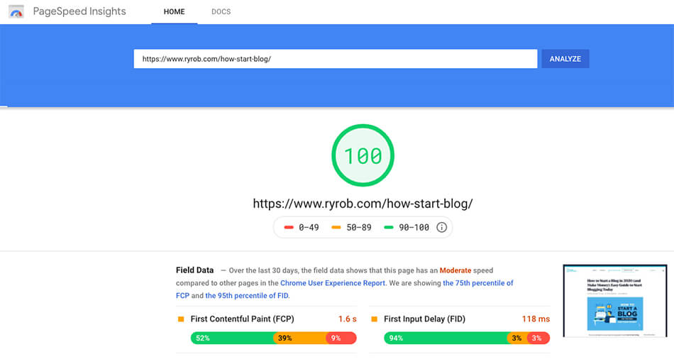 Page Load Speed (Screenshot of Load Test) in Blog Design