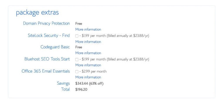 Bluehost Checkout Page Screenshot of Package Extras