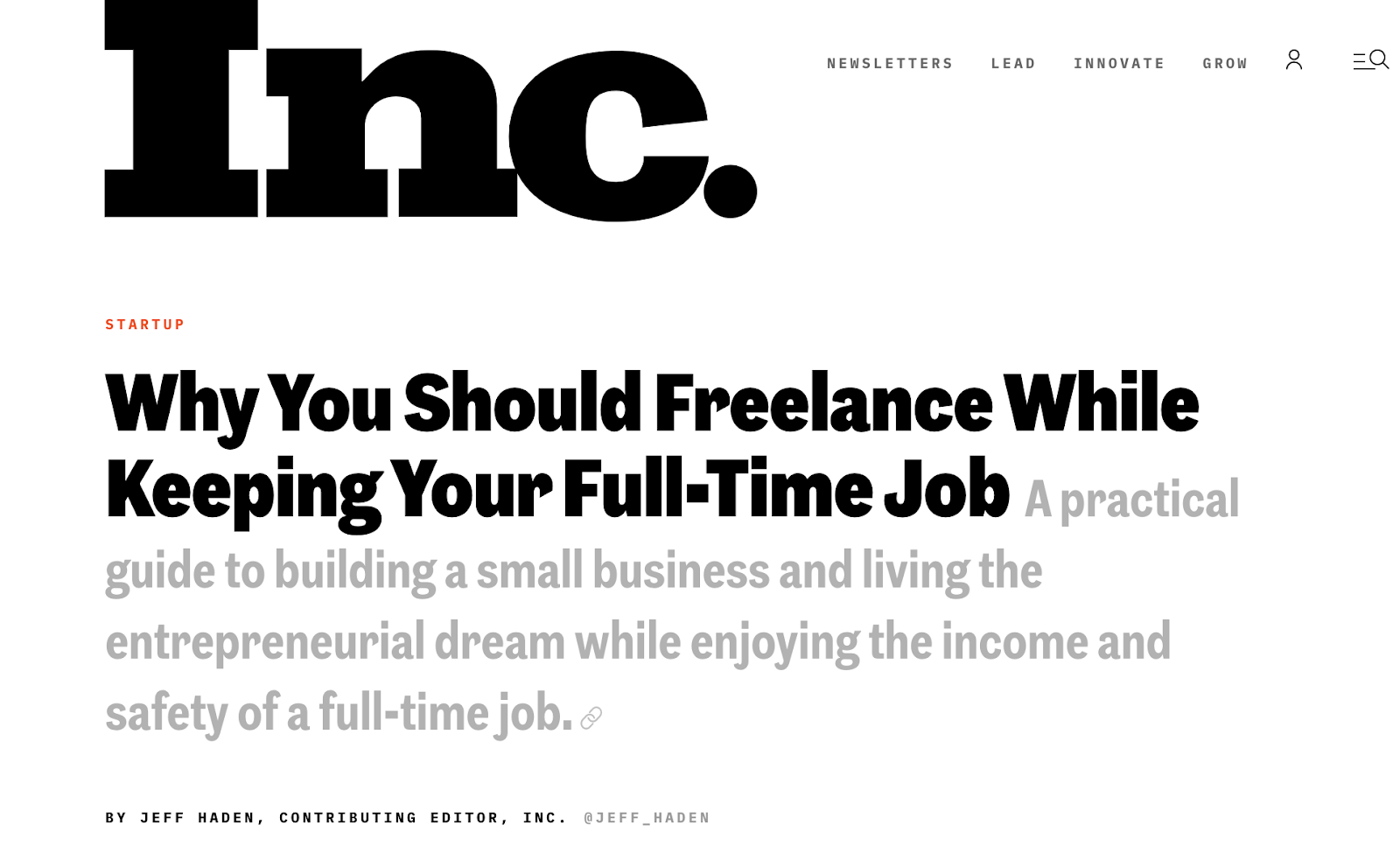 Inc Magazine Article Screenshot (Ryan Robinson and Jeff Haden Contributor Example)