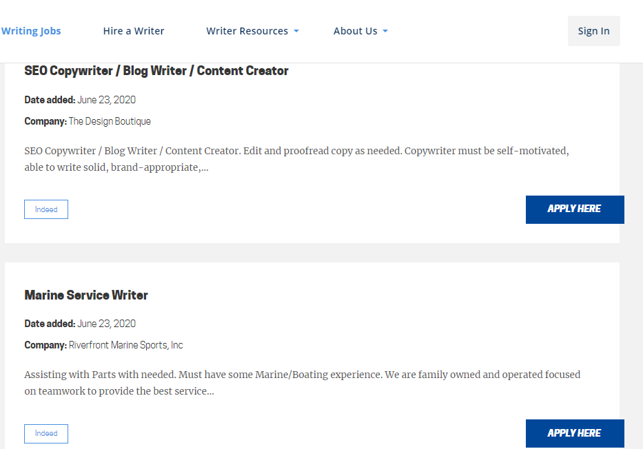 Screenshot of Open Freelance Writing Jobs