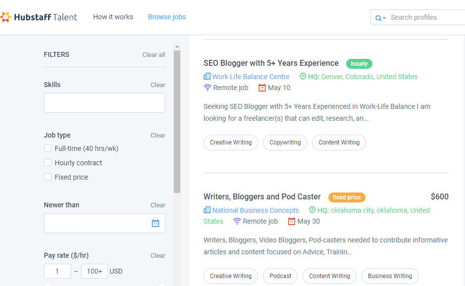 HubStaff Talent Job Board Screenshot of Available Listings