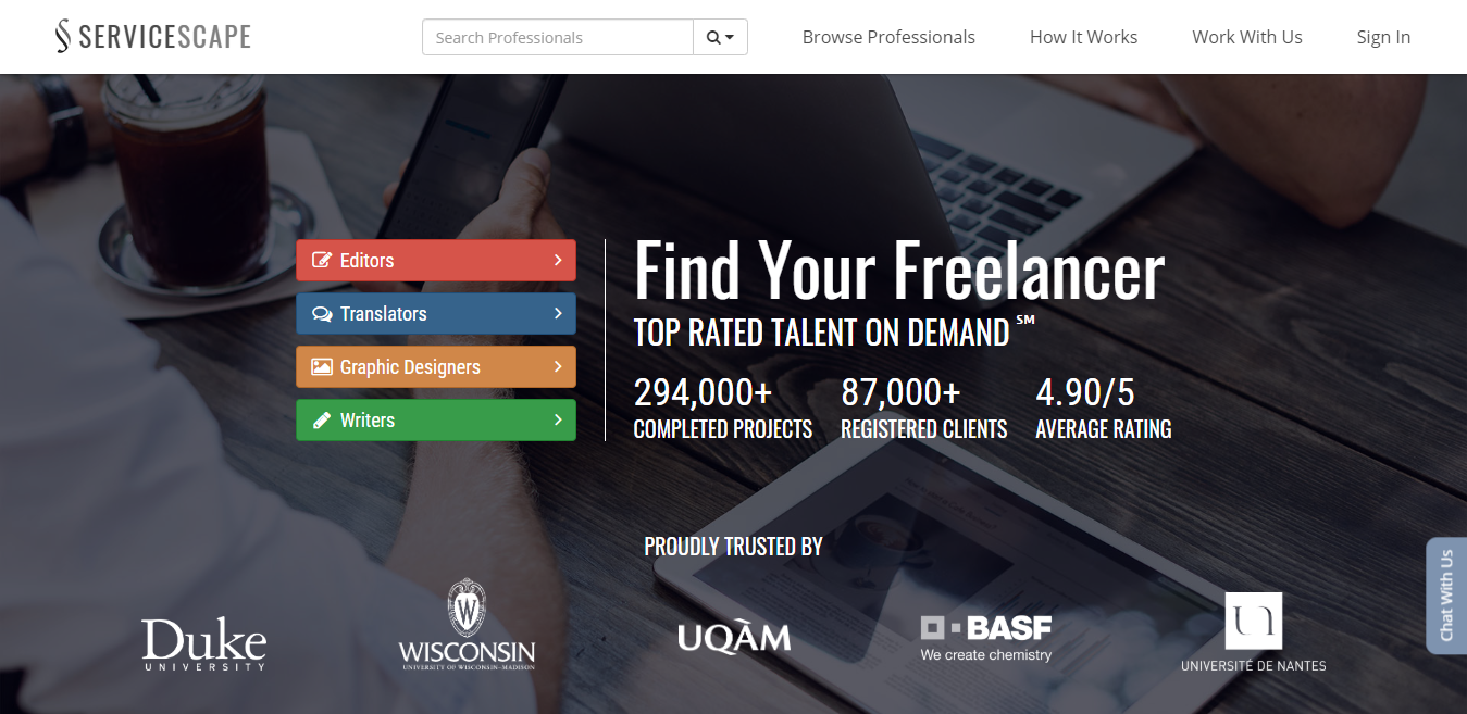 ServiceScape Homepage Screenshot (Bloggers, Writers, Editors, Designers and More Jobs)