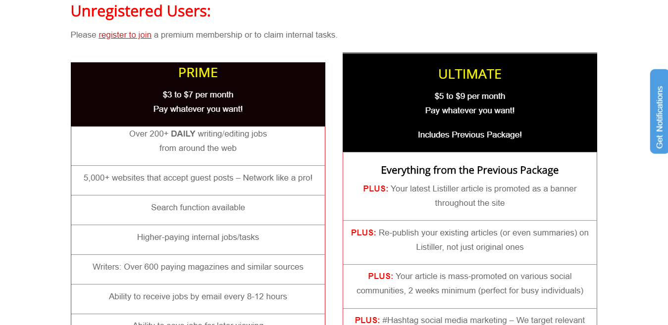 Listiller Screenshot of Membership Plans to their Blogging Jobs Site Platform