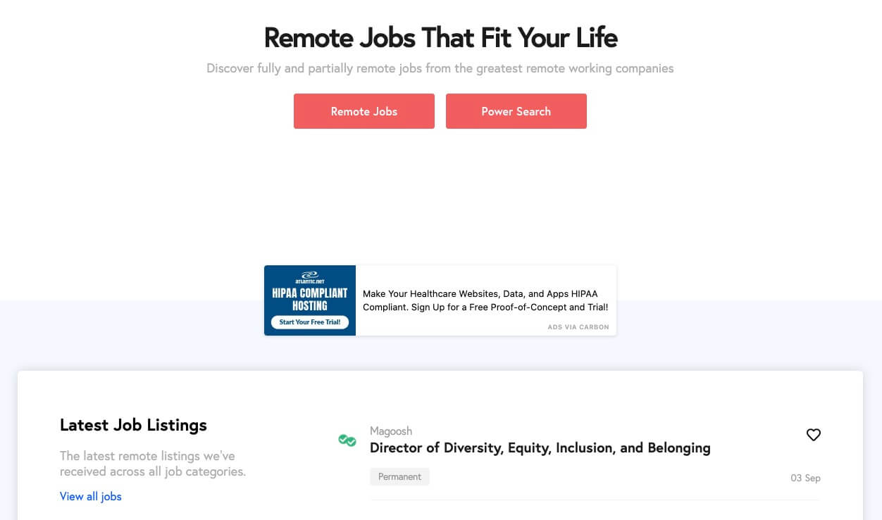JustRemote Homepage Screenshot (Best Remote Jobs Websites Example)
