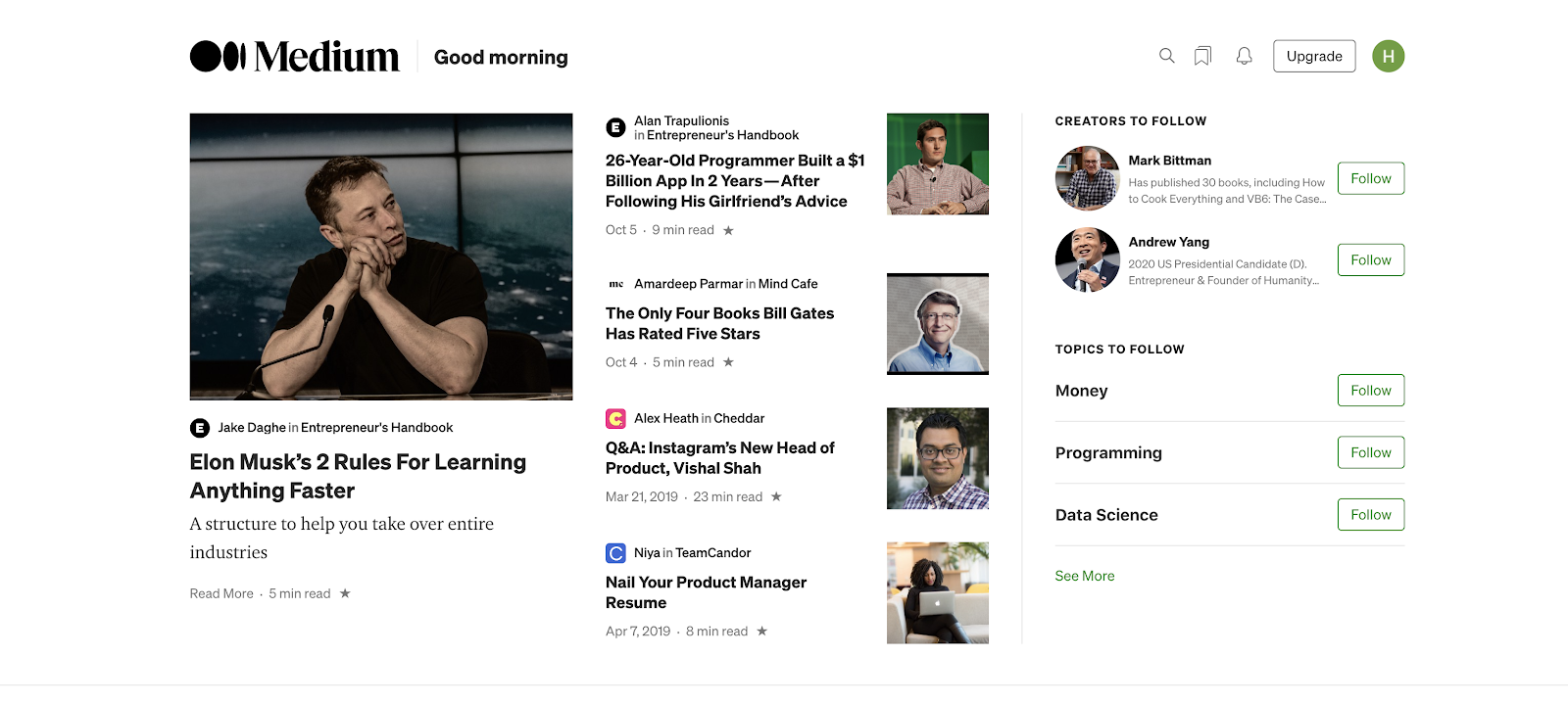 Medium Homepage Screenshot (Blogging Platforms)