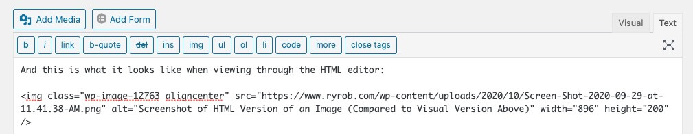 Screenshot of an Image in HTML Text Editor (Compared to Visual Editor)