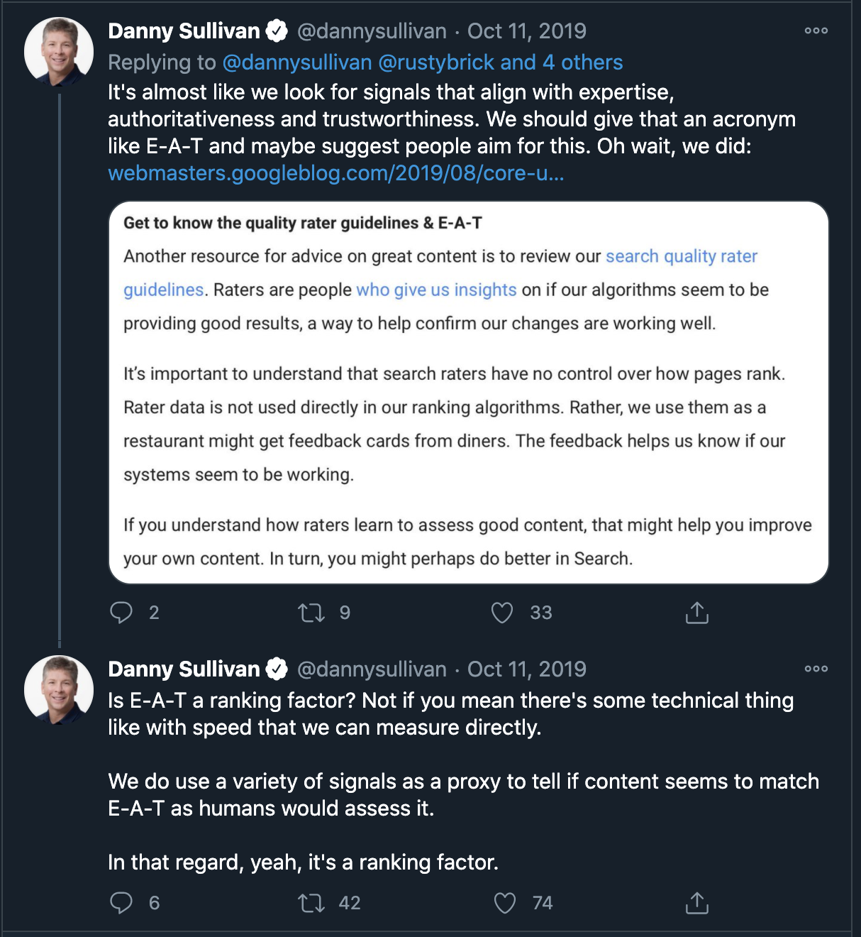 Danny Sullivan Twitter Thread Describing Google E-A-T (Screenshot)