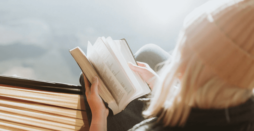 Stock image of woman reading on a bench