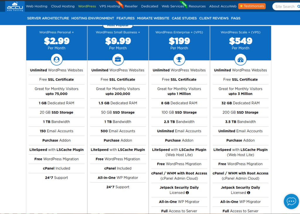 Preços do plano de hospedagem AccuWeb