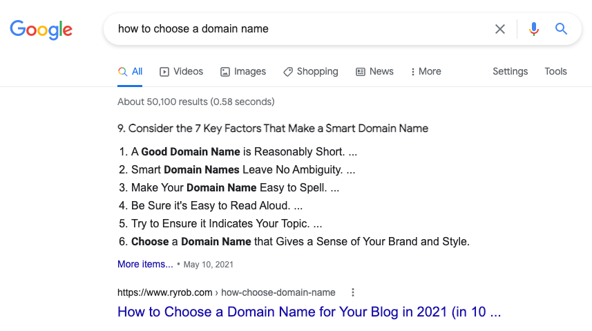 Screenshot of Choosing a Domain Name Article SEO Ranking