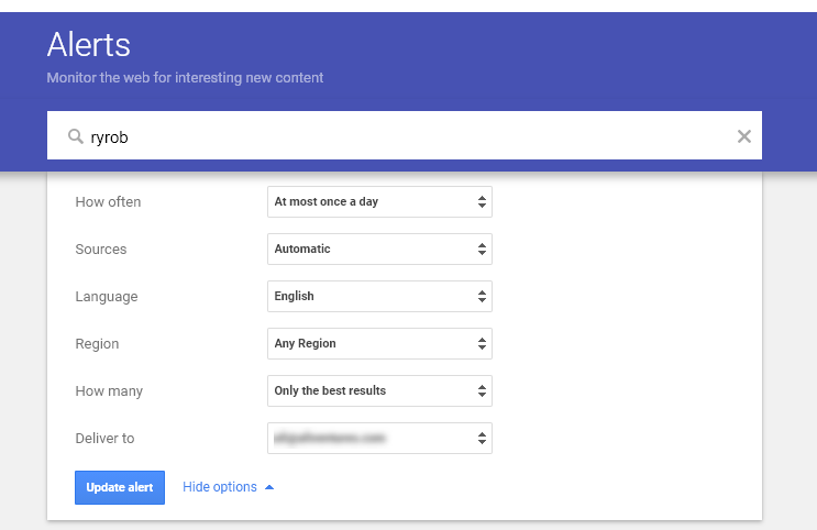 Screenshot of Options You Have for Setting up a Google Alert