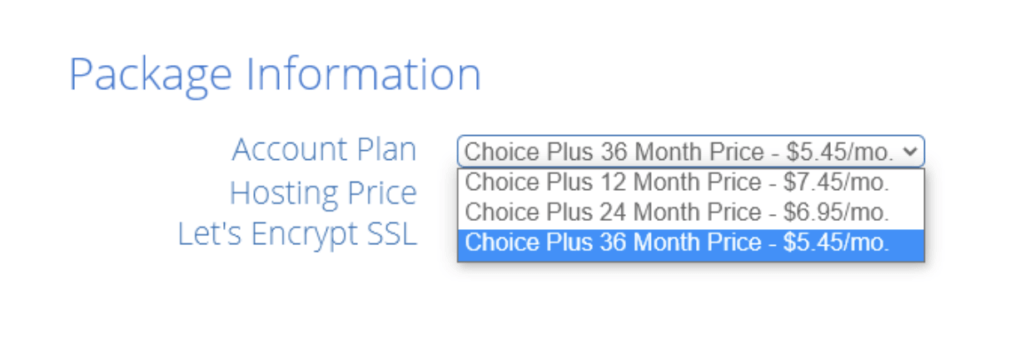 Package Information Screenshot (Bluehost Web Hosting Setup)