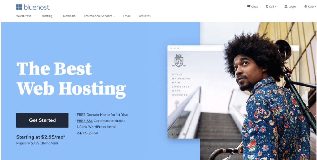 Bluehost Hosting Homepage (with a Free Domain Name Offer) Screenshot