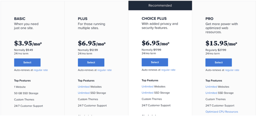 Planos e tabela de preços do Bluehost (captura de tela)