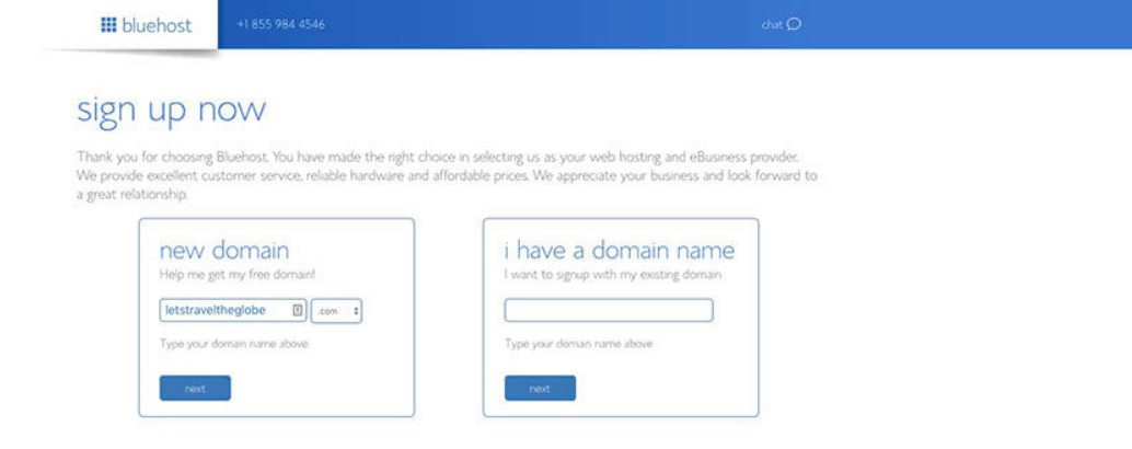 Digite seu nome de domínio desejado no Bluehost