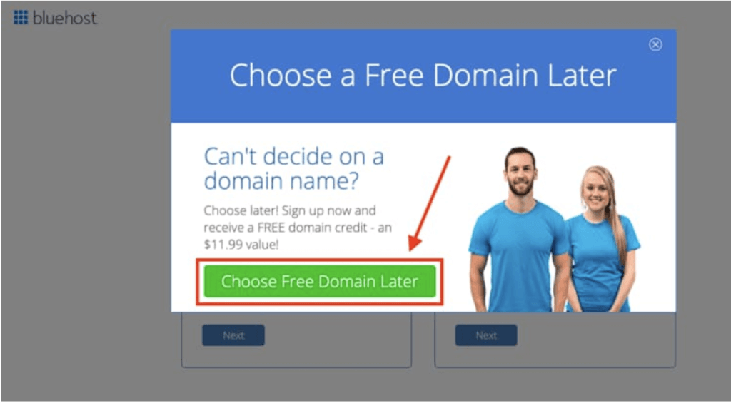 Bluehost's Option to Choose Your Free Domain Name Later (Screenshot)