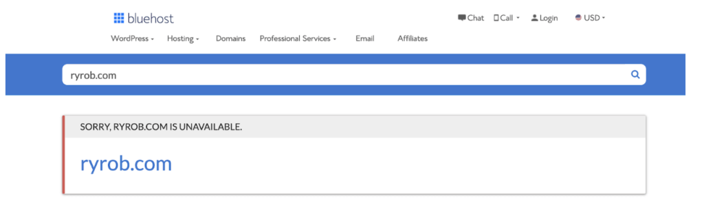 Captura de tela de exemplo de um nome de domínio que não está disponível