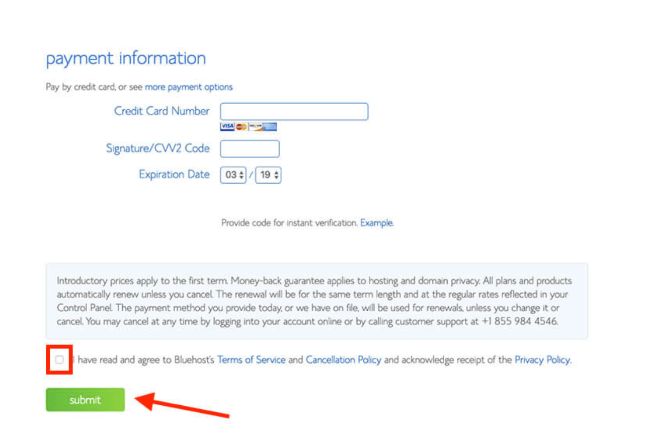 Etapa final do Bluehost no check-out e obtenção de um nome de domínio gratuito (captura de tela)